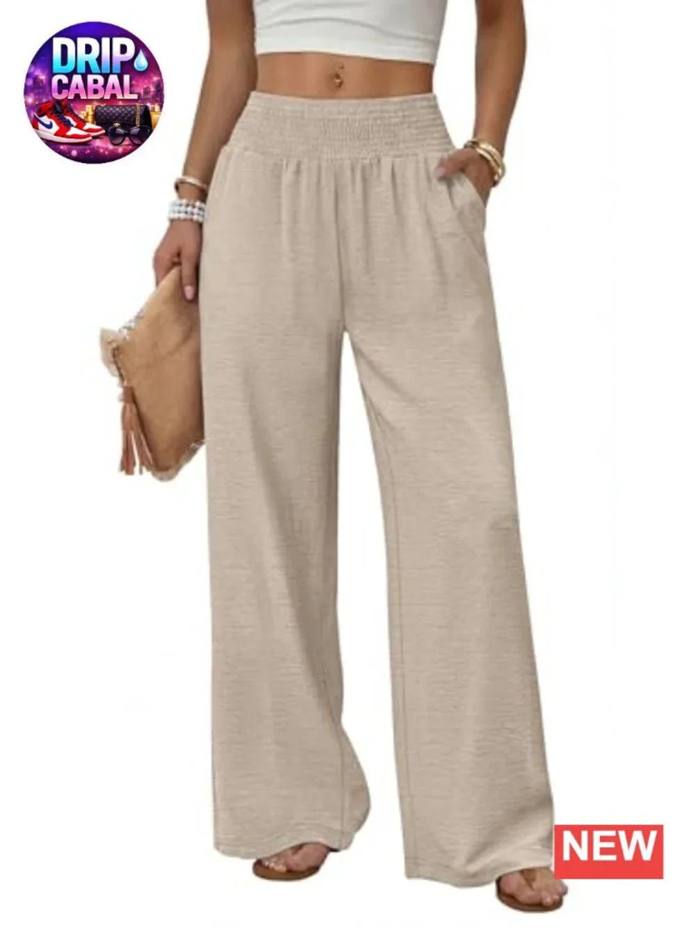 Wide Leg High Waist Pants with Pockets Casual Lounge Trousers 100% Polyester